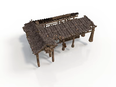 Traditional Thatched Roof Building With Wooden Pillars And Simple Open Structure 3d model