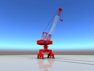 Red Construction Crane With Long Boom Standing On Gray Ground Under Blue Sky 3d model