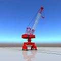 Red Construction Crane With Long Boom Standing On Gray Ground Under Blue Sky 3d model