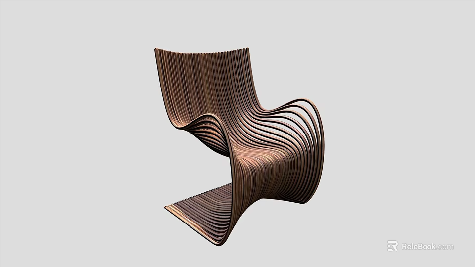 Unique Wooden Lounge Chair With Curved Striped Structure And Modern Design 3d model 