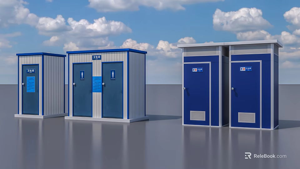 Portable Toilets Blue And White With Multiple Stalls Outdoor Setting Under Blue Sky With Clouds 3d model 