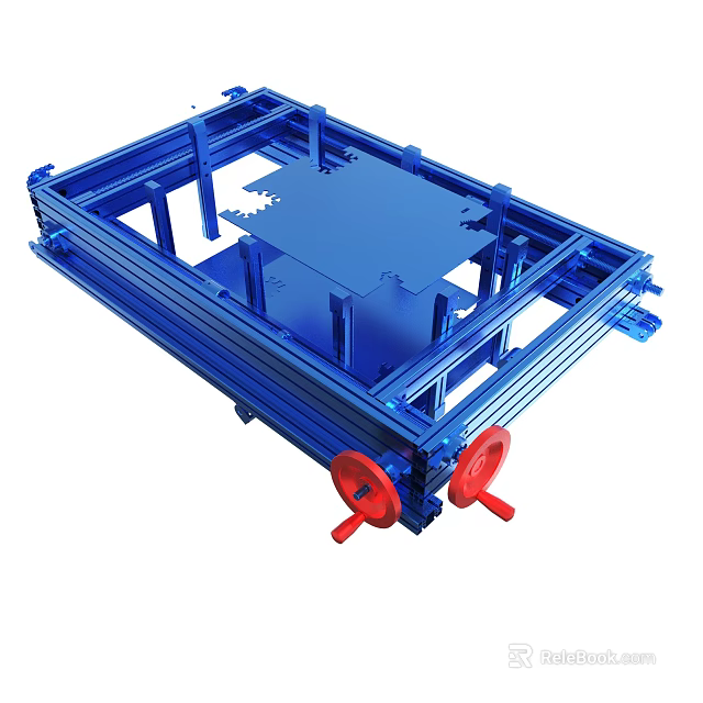 Blue Metal Frame Structure With Red Wheels And Industrial Design Elements 3d model