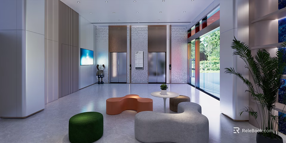 Modern Service Hall Interior With Elevators Seating Green Plants And Glass Doors 3d model 