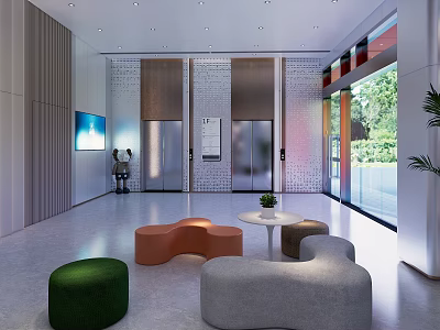 Modern Service Hall Interior With Elevators Seating Green Plants And Glass Doors 3d model