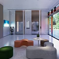 Modern Service Hall Interior With Elevators Seating Green Plants And Glass Doors