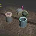 Blue Trash Cans With Open Lid And Blue Lights On Brick Floor