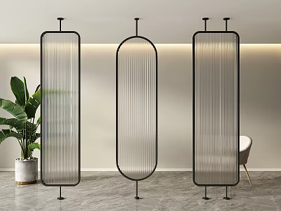 Sleek Translucent Vertical Striped Room Divider with Black Frame in Modern Interior and Green Plant 3d model