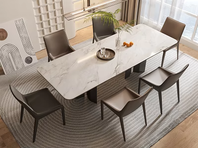 Modern Dining Table Set with White Marble Top Brown Chairs Tray with Fruit Plant on Rug 3d model