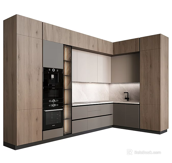Modern Kitchen Design With Wooden Gray Cabinets Built in Appliances And Countertop 3d model 