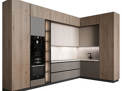 Modern Kitchen Design With Wooden Gray Cabinets Built in Appliances And Countertop 3d model