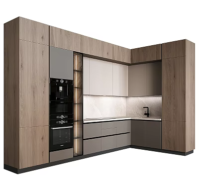Modern Kitchen Design With Wooden Gray Cabinets Built in Appliances And Countertop 3d model