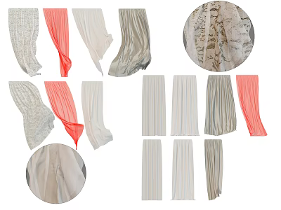 Varied Curtains in White Red Striped and Lace Styles for Home Decoration 3d model