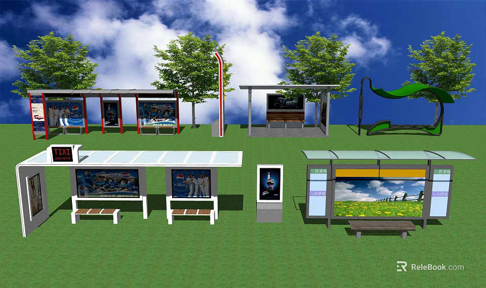Modern Bus Station With Shelters Benches Trees Billboards And Green Grass Under Blue Sky 3d model 