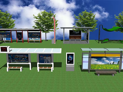 Modern Bus Station With Shelters Benches Trees Billboards And Green Grass Under Blue Sky 3d model
