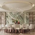 Elegant Private Dining Room With Round Table White Chairs Marble Backdrop And Chandelier 3d model