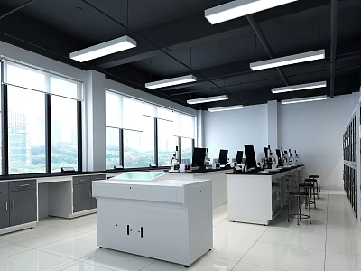 Modern Laboratory Featuring White Benches Computers Black Ceiling Lights And Windows 3d model