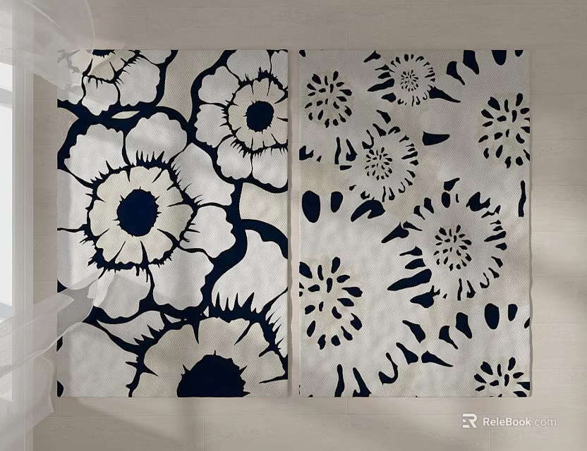 Modern Square Rug With Large Floral Pattern In Navy And White Design 3d model 