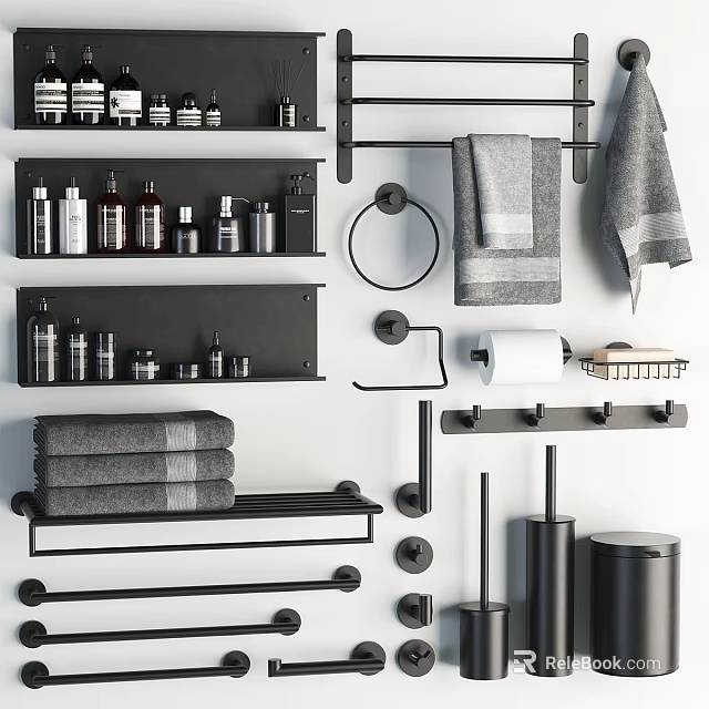 Modern Black Bathroom Essentials With Shelves Towels Toiletries Bottles And Accessories 3d model 