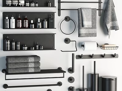 Modern Black Bathroom Essentials With Shelves Towels Toiletries Bottles And Accessories 3d model