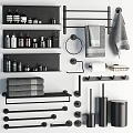 Modern Black Bathroom Essentials With Shelves Towels Toiletries Bottles And Accessories