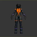 3D Model of Astronaut in Orange Black Spacesuit with Pink Purple Accents on Gray Background