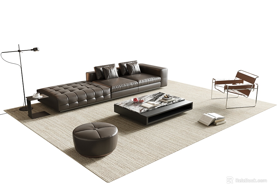 Modern Tufted Leather Sofa And Coffee Table Set With Round Ottoman And Floor Lamp 3d model 