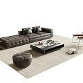 Modern Tufted Leather Sofa And Coffee Table Set With Round Ottoman And Floor Lamp