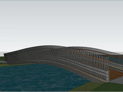 Modern Curved Bridge Design With Steel Structure Over Water And Green Area 3d model