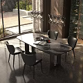 Modern Dining Table Set with Marble Top Black Chairs Hanging Glass Chandelier and Window