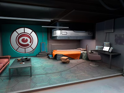 Cartoon Sci Fi Room Scene With Green Wall Circular Symbol Orange Couch Table And Computer 3d model