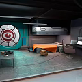 Cartoon Sci Fi Room Scene With Green Wall Circular Symbol Orange Couch Table And Computer