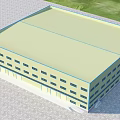 Industrial Factory Building With Light Yellow Exterior Many Windows Green Lawn Front And Blue Sky