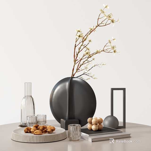 Decorative Ornament Set Featuring Black Round Vase White Flower Branches Transparent Glassware and Wooden Beads 3d model 