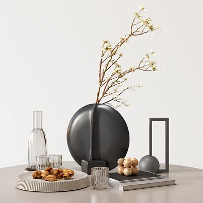 Decorative Ornament Set Featuring Black Round Vase White Flower Branches Transparent Glassware and Wooden Beads 3d model