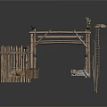 Rustic Bamboo Gate Frame With Thatched Roof Shed Ladder Wooden Crates And Sacks
