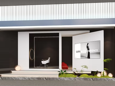 Modern Store Window Display with Fashion Poster Elegant Lighting and Green Plants Decoration 3d model