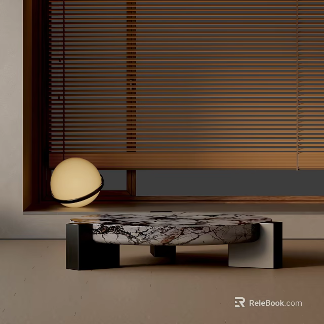Sofa Coffee Table Set With Marble Top Black White Base And Round Lamp Wooden Blinds 3d model 