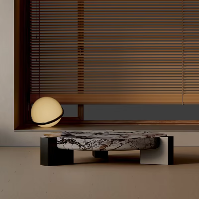 Sofa Coffee Table Set With Marble Top Black White Base And Round Lamp Wooden Blinds 3d model