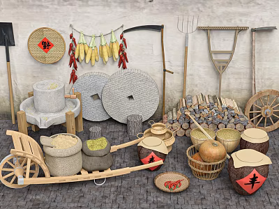 Traditional Agricultural Tools Display With Stone Mill Handcart Corn Chilies And Baskets 3d model