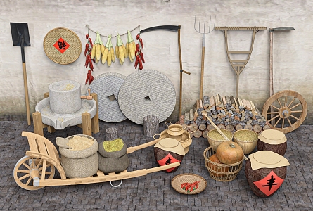 New Chinese-style Farm Tools Landscape Sits Background Rural Small Objects Farming Culture Folk Objects Stone Mill 3d model