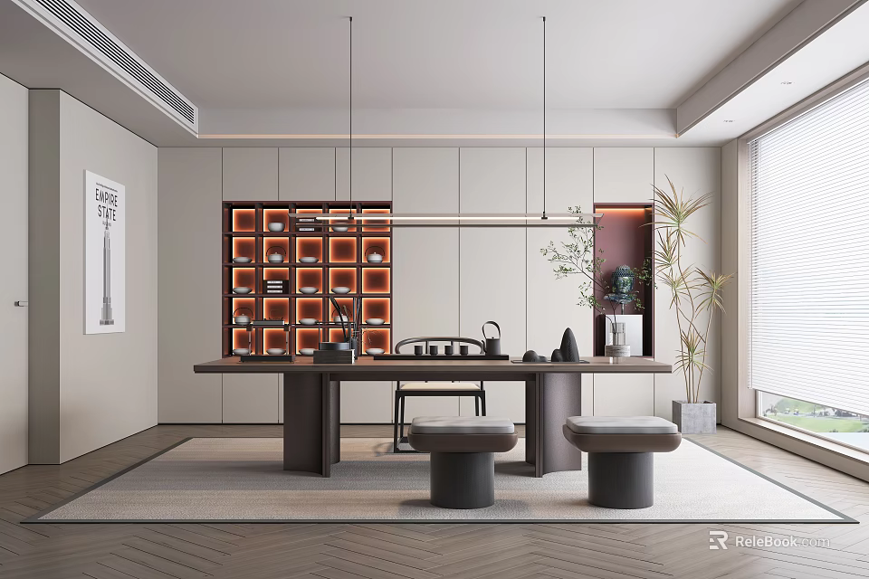 Modern Tea Room Interior With Table Stools Storage Cabinets And Plant 3d model 
