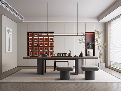 Modern Tea Room Interior With Table Stools Storage Cabinets And Plant 3d model
