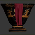 Ancient Style Sculpted Vase In Black With Orange Mythological Carvings And Red Drape