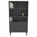 Gray Striped Storage Cabinet With Shelves Books Decorative Mask And Green Plant In Golden Pot