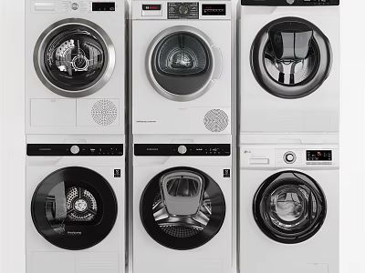Six Modern Front Load Washing Machines with Different Control Panels and White Black Exteriors 3d model