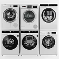 Six Modern Front Load Washing Machines with Different Control Panels and White Black Exteriors