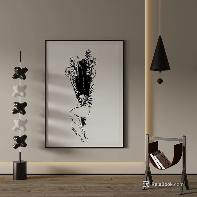 Black And White Art Print Featuring Floral Figure Decorates Interior Wall 3d model 