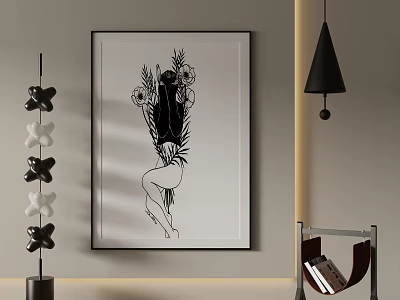 Black And White Art Print Featuring Floral Figure Decorates Interior Wall 3d model
