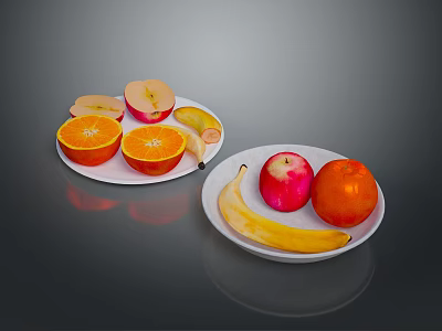 Fresh Apple Orange Banana Slices And Whole Fruits On Two White Plates 3d model