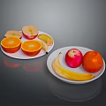 Fresh Apple Orange Banana Slices And Whole Fruits On Two White Plates